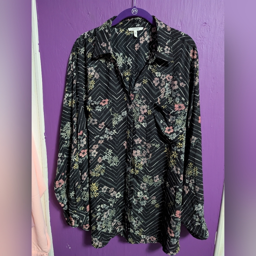 💜 Maurices Black White Chevron Polka Dot Floral Button Down Blouse 3X 22 24